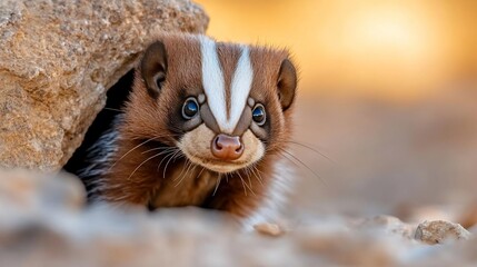 Poster - Close-up of a small mammal with brown fur and white stripes on its face, peering from behind a rock. Warm, golden light illuminates the scene