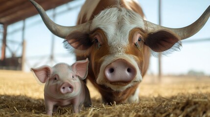 Poster - Close-up view of a curious piglet and a cow standing together in a barn. The animals are looking directly at the camera, set against a background of hay