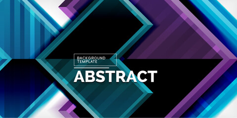 Poster - Dark background with vibrant purple, blue geometric shapes. Modern design, abstract lines create dynamic visual effect. Text reads ABSTRACT above BACKGROUND TEMPLATE.