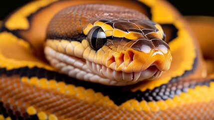 Poster - Close-up of a ball python's head and upper body. The snake is predominantly orange and brown with black markings. Its scales are visible, and its eyes are focused