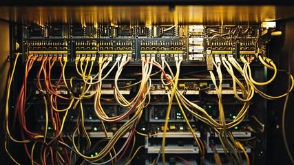 Poster - Illuminated telecommunications server rack full of ethernet cables and patch panels used for computer network connectivity