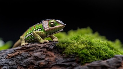 Poster - Close-up of a vibrant green chameleon perched on a dark brown wood textured surface covered with lush green moss against a black background. The chameleon is the main focus, showcasing its intricate