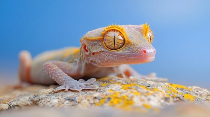 Poster - Close-up of a small reptile with vibrant yellow eyes and textured skin, perched on a light brown rock against a blurred light-blue background