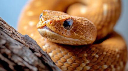 Aufkleber - Close-up of a light brown snake with dark eyes coiled around a piece of dark brown wood against a blurred background
