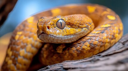 Poster - Close-up of a coiled yellow snake with intricate patterns, resting on dark brown wood.  The snake's eyes are sharp and focused, creating an intense image. The lighting highlights the texture of the