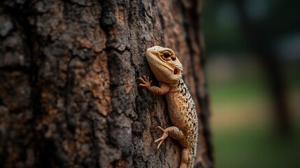 Aufkleber - Close-up of a small, light brown lizard clinging to a dark brown tree trunk.  The background is blurred, showing hints of green foliage