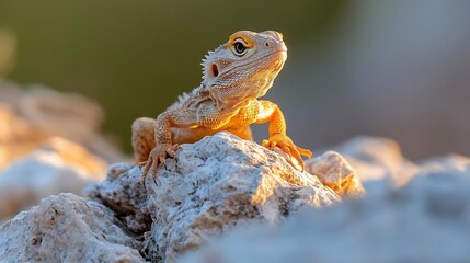 Poster - A small, light-brown lizard basks in the warm sunlight atop a cluster of light-gray rocks. The lizard is alert, looking toward the viewer. The background is blurred, suggesting a natural outdoor