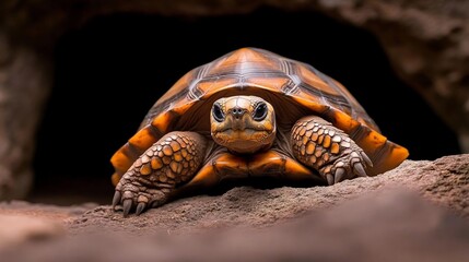 Poster - Close-up view of a tortoise emerging from a dark cave, showcasing its orange and brown shell and textured skin. The tortoise's serious expression and the dark background create a dramatic effect