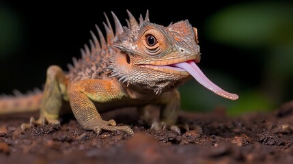 Poster - Close-up of a vibrant orange and green lizard with spiky scales, extending its pink tongue. The lizard is perched on dark brown soil against a blurred dark green background. The image is sharply