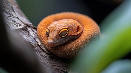 Poster - Close-up of an orange gecko curled up on a tree branch, sleeping peacefully among green foliage. Soft lighting highlights its textured skin and bright yellow eyes