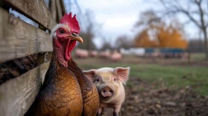 Poster - Close-up view of a rooster and a piglet together near a wooden fence, with a blurred background of a farm setting and autumnal foliage