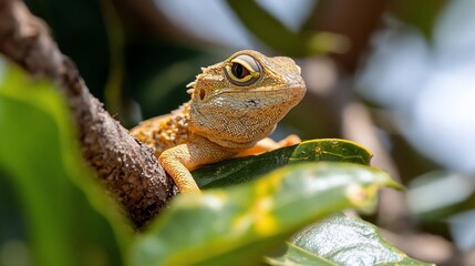 Poster - Close-up of a small, orange lizard perched on a tree branch amidst lush green leaves. The lizard's textured skin and bright eyes are clearly visible against the natural background. Sunlight
