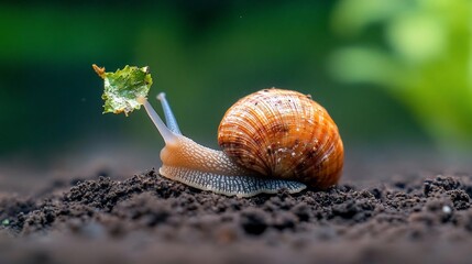 Poster - Close-up of a snail carrying a small green leaf on its back, crawling on dark brown soil with a blurred green background