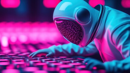 Leinwandbilder - A futuristic astronaut intensely works on a complex glowing control panel in a vibrant neon lit laboratory.