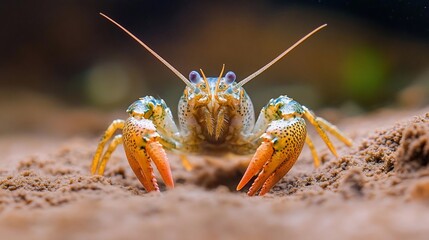 Poster - Close-up of a crayfish on a sandy surface. The crayfish is predominantly blue-green with orange claws, and its body is speckled with small dots.  The background is blurred, focusing attention on the