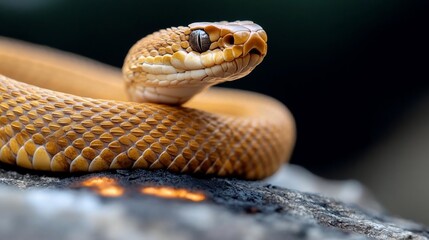 Aufkleber - Close-up of a golden-brown snake coiled on a dark, textured surface.  The snake's scales are visible, and a blurred background suggests an outdoor setting