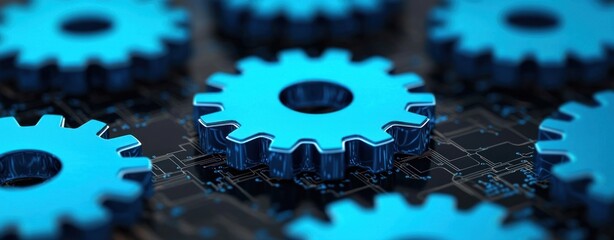 Leinwandbilder - Blue cogwheels on a circuit board represent complex technology and intricate machine processes.