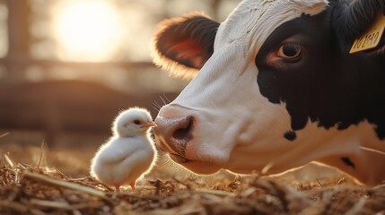 Poster - Close-up of a fluffy white chick gently touching noses with a black and white cow in a sunlit barn.  Warm, golden light illuminates the scene.  Hay is visible on the ground
