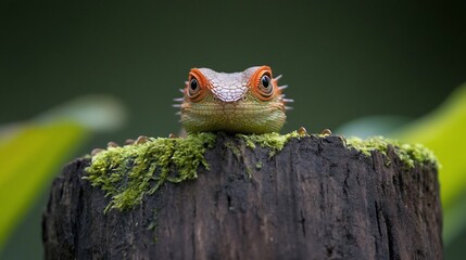 Poster - Close-up of a small lizard with orange and green scales perched on a mossy log against a blurred green background