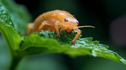 Poster - Close-up of a small, orange insect with dark spots on a vibrant green leaf.  The insect's detailed texture is visible, and the leaf appears moist. Shallow depth of field blurs the background
