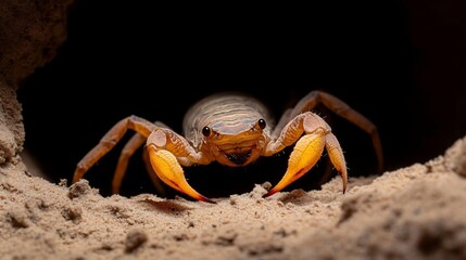Aufkleber - Close-up view of a tan and yellow scorpion emerging from a sandy burrow, illuminated against a dark background