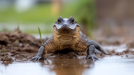 Aufkleber - A young alligator emerges from muddy water, its dark brown and tan scales visible.  The background is blurred, showing green vegetation