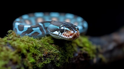 Poster - Close-up of a blue and grey snake on a mossy branch against a black background. The snake's mouth is slightly open, revealing its teeth. The image is sharply focused and has a dark, moody atmosphere