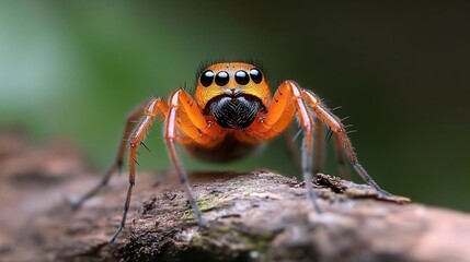 Poster - Close-up of an orange spider with large eyes on a dark brown textured surface, set against a blurred green background