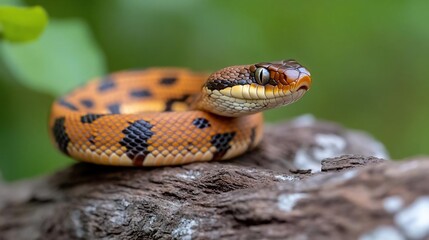 Poster - Close-up of a small, orange and black snake coiled on a weathered brown log against a blurred green background. The snake's head is slightly raised, showcasing its intricate pattern and scales