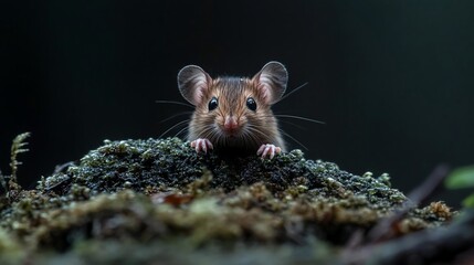 Poster - Close-up of a small brown mouse peeking over a bed of dark green moss, set against a blurred dark background.  The mouse's whiskers are visible, and its expression is curious