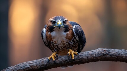 Poster - Close-up of a bird of prey perched on a branch, with a blurred warm-toned background. The bird has brown, black, and white feathers, a yellow beak, and sharp talons