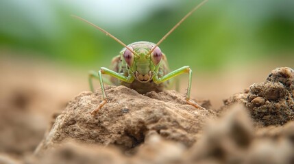 Poster - Close-up of a vibrant green grasshopper perched on a clod of brown earth, set against a blurred green background. The insect's detailed features and texture are sharply in focus