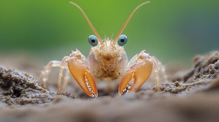 Poster - Close-up of a small crustacean with bright blue eyes, viewed from the front, against a blurred brown and green background. The creature's claws are visible in the foreground