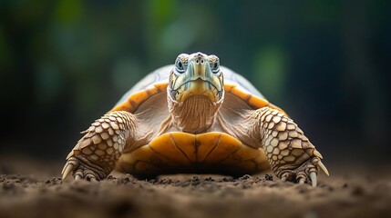Poster - Close-up view of a turtle, its shell displaying patterns of yellow and brown, against a blurred green background. The turtle's gaze is direct, creating an intimate and engaging image