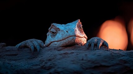 Poster - Close-up of a gray reptile with textured skin peering over a rocky surface, illuminated by warm orange light against a dark background