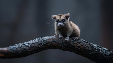 Poster - A small, young opossum sits on a dark, textured branch against a blurred, gray-green background. The opossum has light brown fur, dark eyes, and small, pointed ears