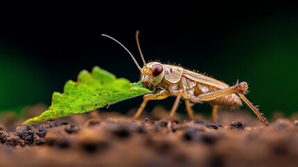 Poster - Close-up of a small, light brown insect with red eyes eating a green leaf on dark brown soil. The background is blurred, showing dark green and black tones. The insect is in sharp focus, showcasing