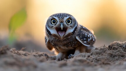 Poster - Close-up of a burrowing owl with its beak open, perched on the ground in soft, warm light.  The owl's large, bright eyes are striking against its brown and white speckled feathers