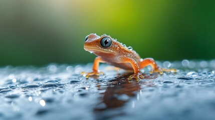 Poster - Close-up of a small, orange frog on a dark, wet surface with water droplets.  Bright green background. Shallow depth of field