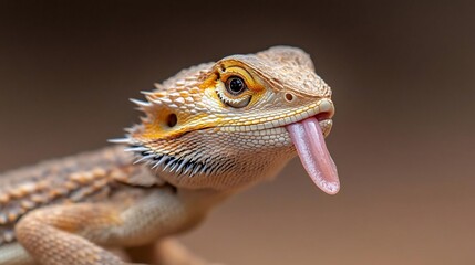 Poster - Close-up of a bearded dragon lizard with its tongue sticking out, showcasing intricate scales and vibrant colors against a blurred brown background. The lighting emphasizes the texture and details of