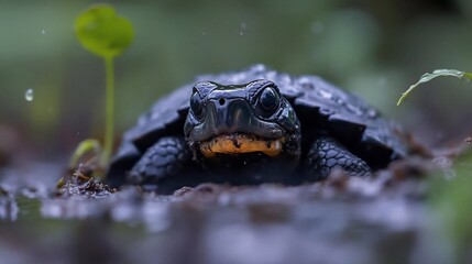 Aufkleber - Close-up of a black turtle in wet mud, rain droplets visible.  Green vegetation in the blurred background