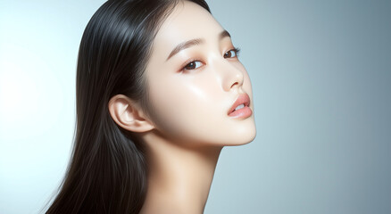 Aufkleber - 美しいフェイスラインの女性の横顔。艶のある美肌にフォーカスした美容広告イメージ。シックなグレー背景。
