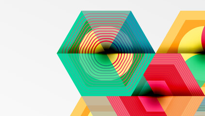 Poster - Colorful geometric shapes overlap creating vibrant patterns. Lines form hexagons, curves, rectangles. Bright hues blend, offering dynamic visual experience.