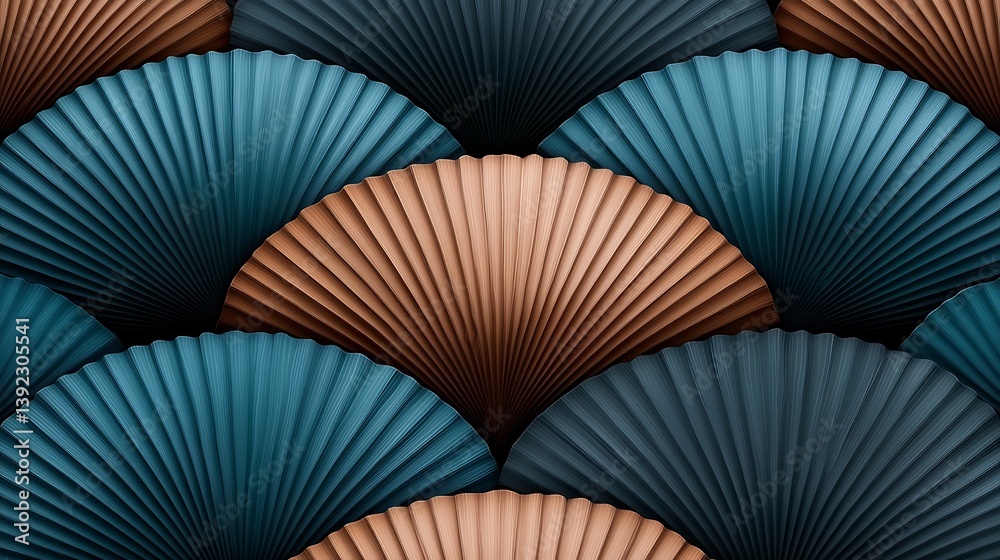 Repeating pattern of scalloped shapes in blue and tan colors, radiating ...