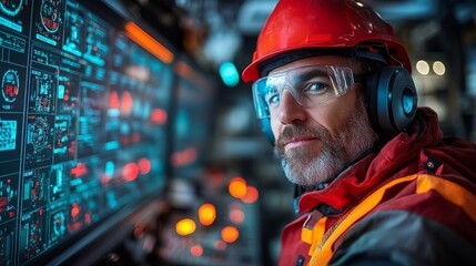 Aufkleber - A mining operator wearing protective gear oversees complex extraction processes from a control panel filled with screens displaying real time data.