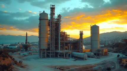 Fototapete - Cement production facility is active during sunset in a mountainous region. Machinery operates to extract and process raw materials for construction and infrastructure development.