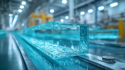 Poster - In a modern industrial setting, clear glass blocks are observed on a conveyor system, highlighting the careful manufacturing process that ensures quality and precision in production.