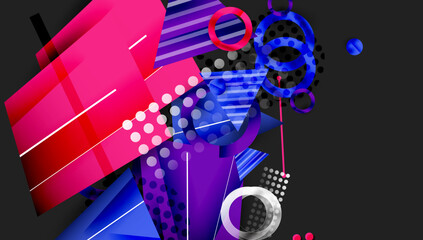 Aufkleber - Abstract composition. Vibrant pink, blue shapes overlap. Geometric forms create dynamic visual experience. Dots, lines add texture, depth. Modern design.