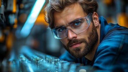 Poster - Technician wearing protective gear examines tools in a busy manufacturing plant specializing in mining and metallurgy. Bright lighting adds to the industrious atmosphere of the workspace.