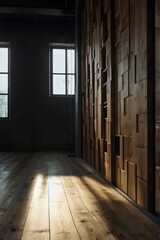 Wall Mural - a room with a wooden wall and a wooden floor